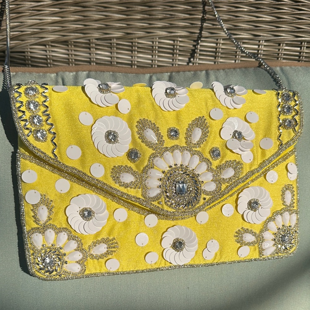 Elegant Yellow and White Embellished Clutch